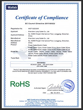 RoHS certificate of compliance for power cable