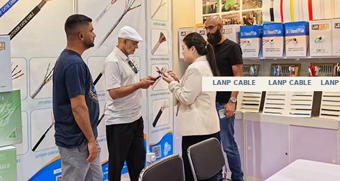 LANP CABLE sales staff demonstrating cable products to international buyers at trade fair